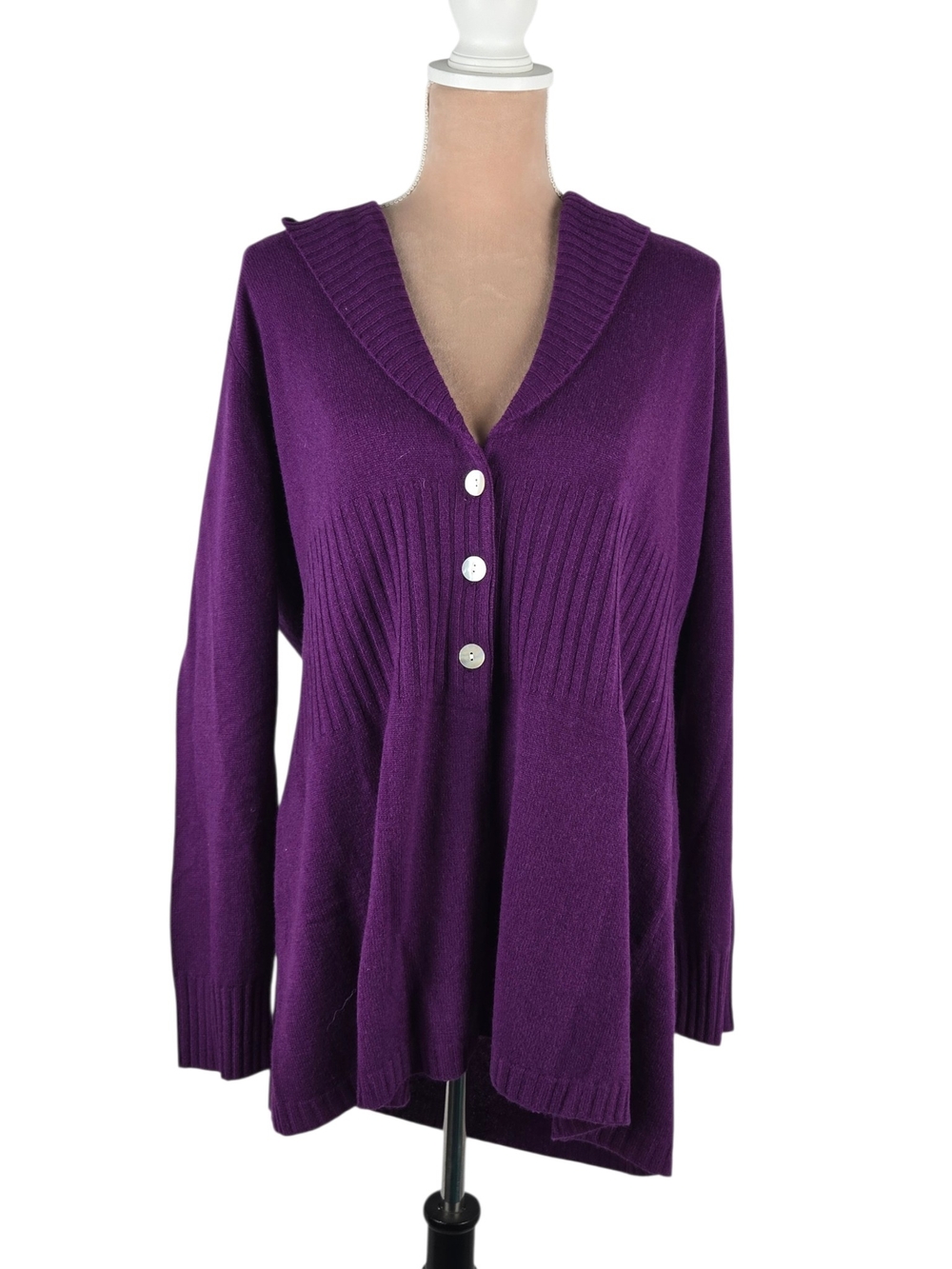 Precious Fibers Cardigan Sweater Purple Cashmere Shawl Collar Longline Size XL